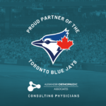 Toronto Blue Jays logo surround by the text Proud Partner of the Toronto Blue Jays. The Alexander Orthopaedics logo is below it with the text Consulting Physicians.